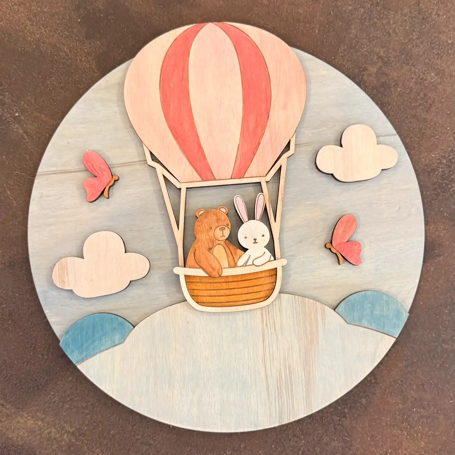 Mongolfiera in Legno Personalizzata con Orsetto e Coniglietto - Decorazione Cameretta Neonato